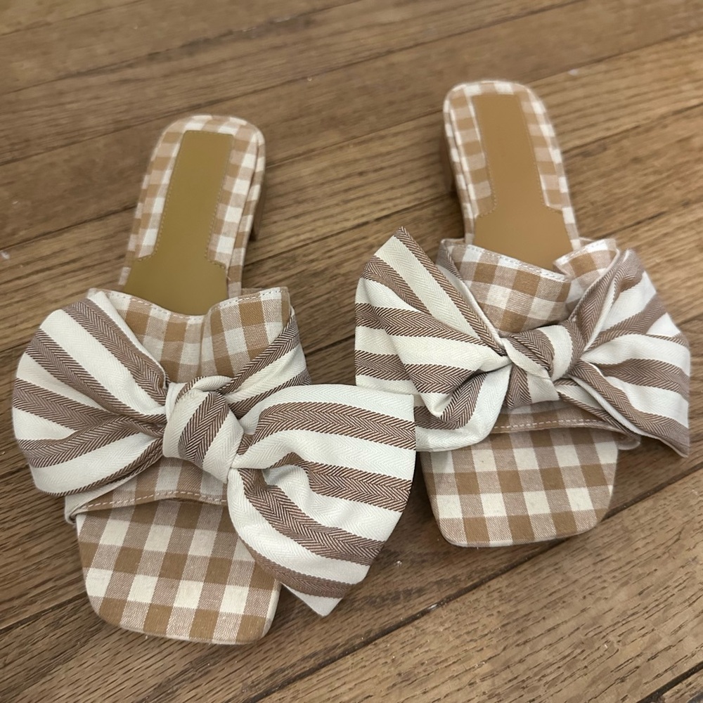 JAGGAR The Label Bow Stripe Toffee Brown Gingham Knotted Heel Slide Sandals